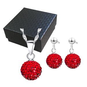 Red Crystal Rhinestone Gemstone Birthstone Ball Necklace & Drop Earrings Set